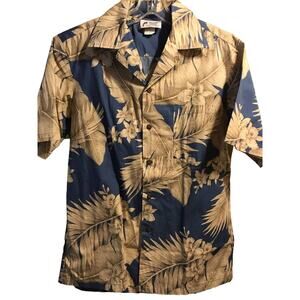 Malihini Vintage Men’s M Blue Gold Floral SS Button Down Cotton Hawaiian Shirt